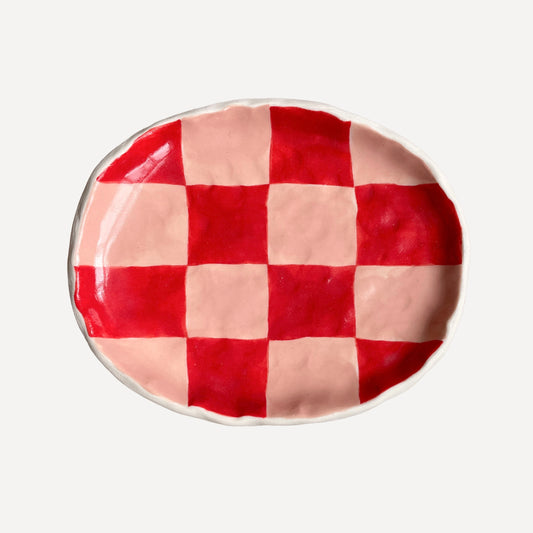 red and pink checkered soap dish
