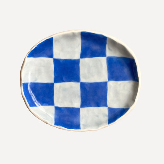 blue checkered soap dish