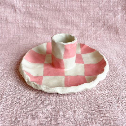 pink checkered candle holder
