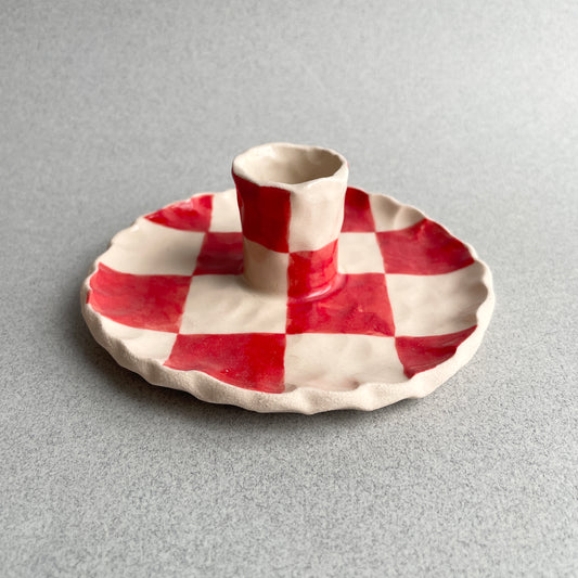 red checkered candle holder